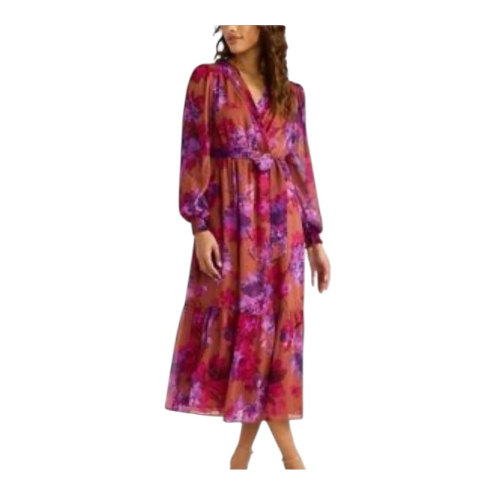 Sofia Vergara Long-Sleeve Floral Maxi Dress Burnt Orange Pink Purple Size M